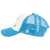 Side view of a blue and white trucker hat with a mesh back and a logo on the side.