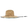 Wide-brimmed straw hat with a chin strap and a patterned fabric trim along the brim edge, shown in a side profile view.
