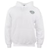 White hooded sweatshirt with RON JON Surfboards logo on upper left chest. Simple design with front pocket and drawstrings.