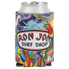 A can in a colorful coozie with tropical designs and a parrot, displaying the text Ron Jon Surf Shop.