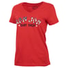 Red V-neck T-shirt with Ron Jon Surf Shop text and star designs on the front.