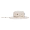Wide-brimmed beige bucket hat with ventilation eyelets and an adjustable chin strap. The hat has small lettering on the side.