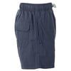 Dark blue drawstring shorts with an elastic waistband, side and back pockets.
