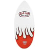 White and red Ron Jon Surf Shop skimboard featuring a flame design and the shops logo on the top and near the bottom.