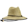 A straw hat with a wide brim, black trim around the edge, and a black chin cord with a yellow bead.