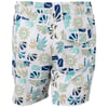 Mens swim trunks with a blue, green, and beige abstract floral pattern, featuring an elastic waistband and a flap pocket on the right side.