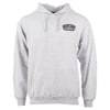 Gray hoodie with a small blue and gold logo on the chest displaying Ron Jon Surf Shop.