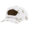 White baseball cap with brown Ron Jon Surf Shop patch on front. Features a beige palm frond and fish pattern.