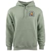 A green hoodie with a front pocket and drawstring hood. It features a small logo on the left chest.