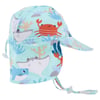 Childrens sun hat with a neck flap, featuring illustrations of sea animals like a crab, shark, ray, and coral on a light blue background.