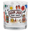 Glass with colorful tropical and beach-themed graphics, including a sun, flip-flops, tiki masks, and sea creatures. Ron Jon Surf Shop logo displayed prominently in the center.