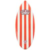 A skimboard with vertical red and white stripes and a Ron Jon Surf Shop logo at the top center.