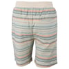 Striped shorts with a pastel color palette, featuring shades of green, gray, and orange. They have an elastic waistband and a single back pocket.