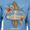 Blue shirt with Ron Jon Surf Shop and Clearwater Beach text. Graphic of a surfboard surrounded by hibiscus flowers and foliage.