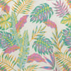 Colorful tropical leaf pattern with pink, green, yellow, and blue leaves on a white background.