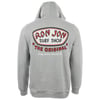 Gray hooded sweatshirt with Ron Jon Surf Shop The Original Long Beach Island, NJ printed in red and black on the back.