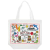 White tote bag featuring colorful beach-themed illustrations and the text Ron Jon Surf Shop in the center.
