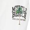 Close-up of white fabric featuring the text MYRTLE BEACH RON JON SURF SHOP. with a graphic of a palm tree overlapping the text.