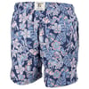 Blue tropical-patterned shorts featuring pink and white parrots and flowers, with an elastic waistband and a back pocket.