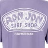 Back of a purple t-shirt showing a Ron Jon Surf Shop logo with turtle graphics and Clearwater Beach text underneath.