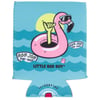 A coozie featuring a cartoon pink flamingo wearing sunglasses, floating in waves, and making a shaka sign. Text reads Ron Jon Surf Shop and Little Box Guy.