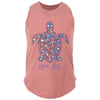 Coral pink sleeveless top featuring a colorful turtle design with star patterns and text reading Ron Jon Surf Shop.