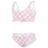 Two-piece swimsuit featuring a red and white checkered pattern with floral details.
