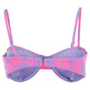 Purple and pink floral-patterned bikini top with adjustable straps and a clasp at the back.