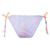 A pair of light blue bikini bottoms with a floral pattern and multicolored side ties.