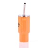 Orange insulated travel mug with a handle, clear lid, and metal straw.