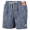 Navy blue swim shorts with a white floral pattern, drawstring waist, and a small label on the leg. A product tag is attached near the waistband.