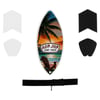 Shaka Minis board with a beach scene design, sunset, palm tree, and Ron Jon Surf Shop logo. Includes four grip pads and a finger leash.