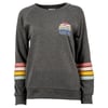 Gray sweatshirt with a colorful logo featuring an abstract sunset and Ron Jon Surf Shop text on the chest. Striped accents in red, yellow, and green on the sleeves.
