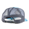 A grey mesh trucker hat shown from the back, featuring an adjustable snapback closure. Portions of the blue and white fish and wave design on the front are visible.