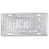 The back of the decorative license plate shows a silver metal back with embossed, mirrored text reading GO SURFING and an image of a surfer. 
