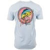 Back of a light blue T-shirt featuring a colorful graphic of a fish jumping through a circular pattern with the text Ron Jon and Rip Curl.