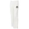 White sweatpants with an elastic waistband and Pensacola Beach logo printed on the upper left thigh.