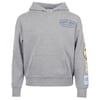 Grey hooded sweatshirt with front pocket, featuring Ron Jon Surf Shop logo on the chest and various colorful patches on both sleeves.