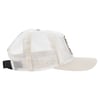 Side view of a beige and white mesh trucker hat with an adjustable black strap at the back.