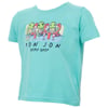 Light blue T-shirt featuring a cartoon of turtles holding surfboards and drinks with text: Ron Jon Surf Shop.