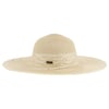 A beige wide-brimmed woven straw hat with decorative patterns and a small metallic logo on the band.