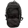 A grey backpack with the front pocket unzipped, revealing multiple internal compartments and mesh pockets for organization.