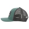 Green and gray mesh trucker cap with a patch on the front, viewed from the side against a white background.
