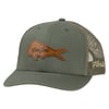 Olive green and tan mesh trucker hat featuring a brown leather fish patch with cursive text on the front and Florida embroidered on the side.