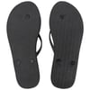 Bottom view of a pair of black flip-flops with textured soles.