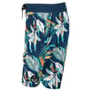 A pair of knee-length swim trunks with a tropical leaf and floral pattern in blue, green, orange, and white tones, featuring a black drawstring and a circular logo patch.