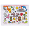 Colorful illustration featuring Florida-themed icons like a surfboard, dolphin, palm tree, cruise ship, and alligator, with a Ron Jon Surf Shop logo in the center.