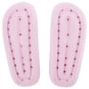 Bottom view of two pink slide-in sandals with a pattern of holes and a textured design.