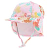 A pink childrens sun hat with a visor, neck flap, and chin strap, featuring a colorful underwater-themed pattern with seaweed, crabs, and mermaids.