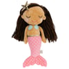 Plush mermaid doll with brown hair, a gold starfish headband, blue seashell top, and a pink polka-dotted tail.